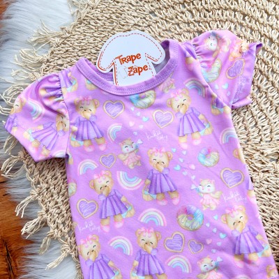 Conj. Body Ursinhas e Short Saia com Pompom - Lilás e Areia
